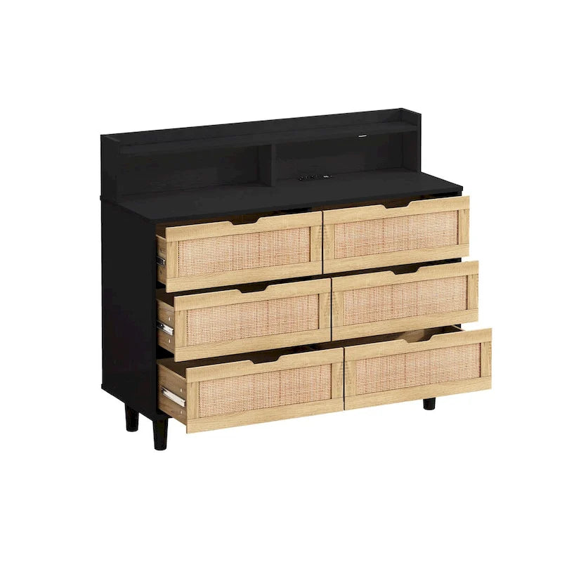 Accent Storage Cabinet 6-Drawers Rattan Drawer with LED Lights and Power Outlet