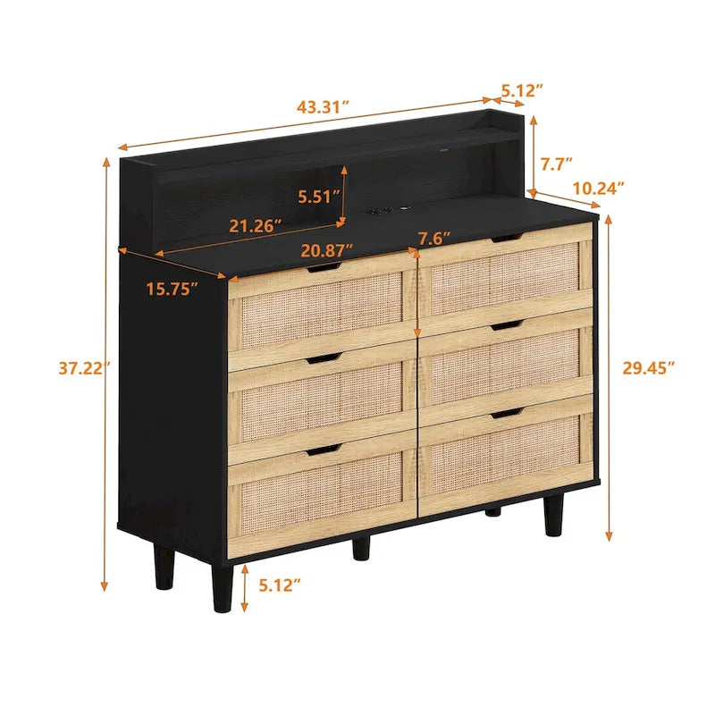 Accent Storage Cabinet 6-Drawers Rattan Drawer with LED Lights and Power Outlet