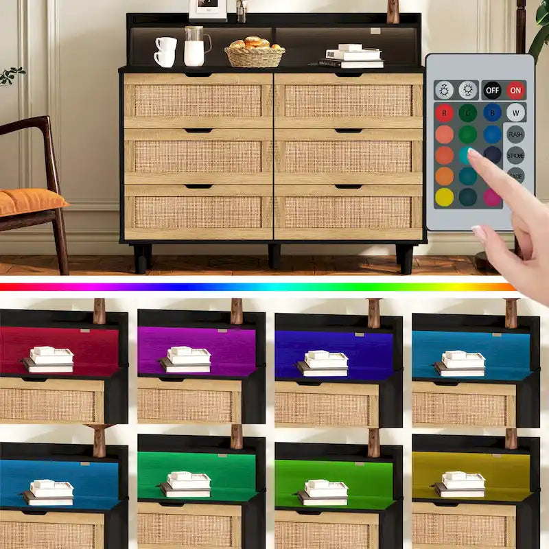 Accent Storage Cabinet 6-Drawers Rattan Drawer with LED Lights and Power Outlet