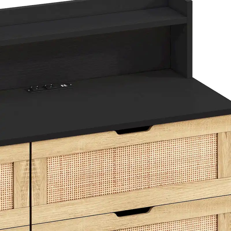 Accent Storage Cabinet 6-Drawers Rattan Drawer with LED Lights and Power Outlet