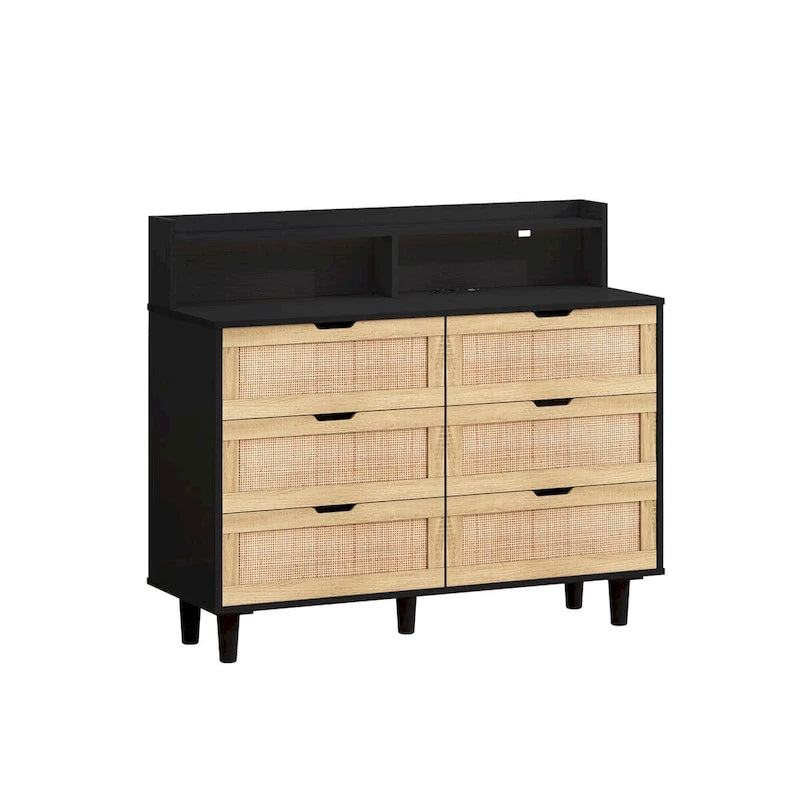 Accent Storage Cabinet 6-Drawers Rattan Drawer with LED Lights and Power Outlet
