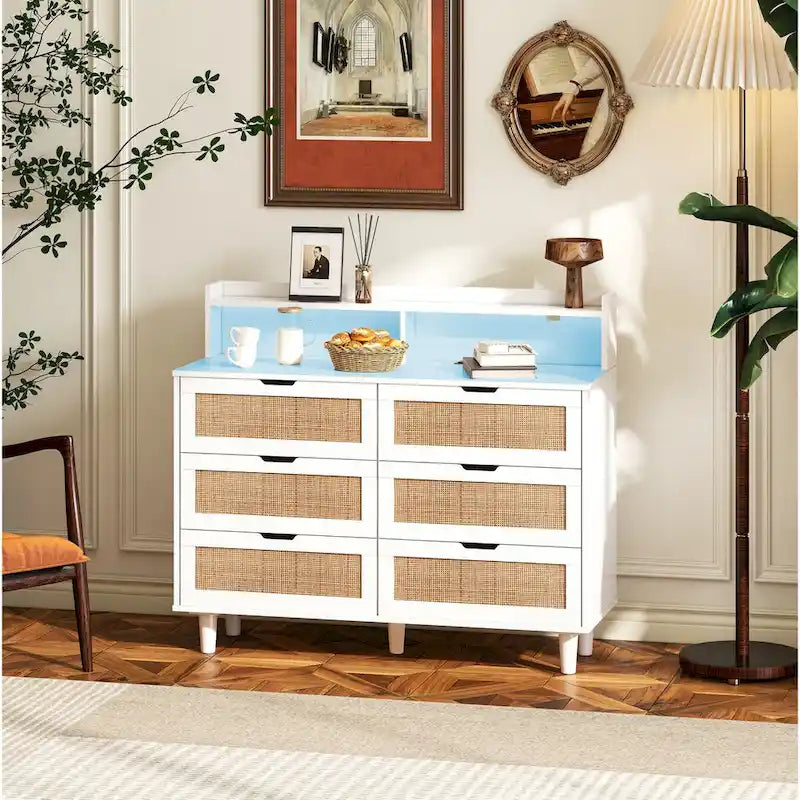 Accent Storage Cabinet 6-Drawers Rattan Drawer with LED Lights and Power Outlet