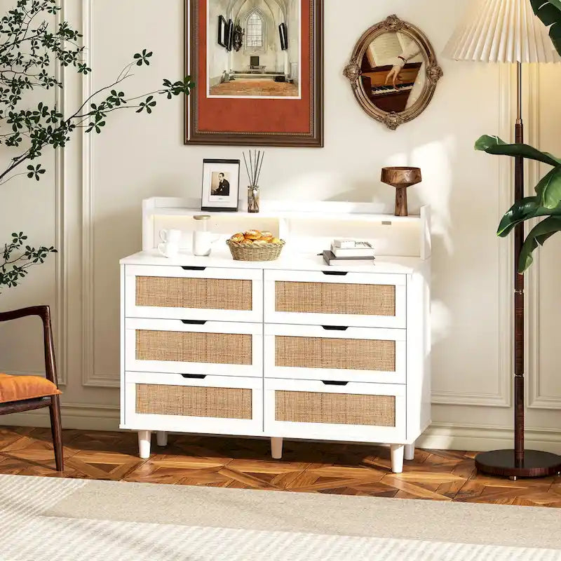 Accent Storage Cabinet 6-Drawers Rattan Drawer with LED Lights and Power Outlet