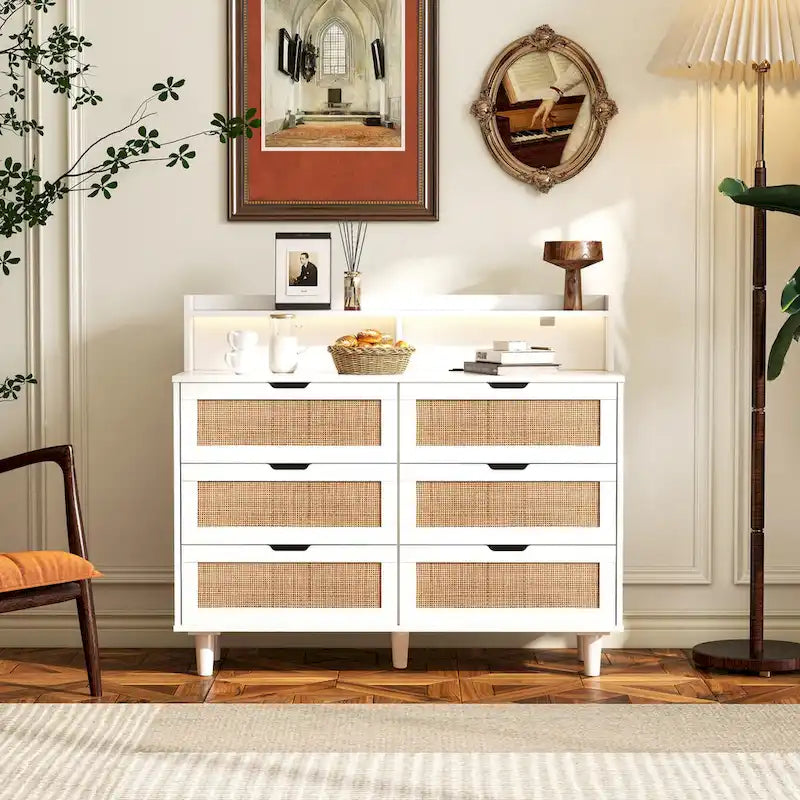 Accent Storage Cabinet 6-Drawers Rattan Drawer with LED Lights and Power Outlet