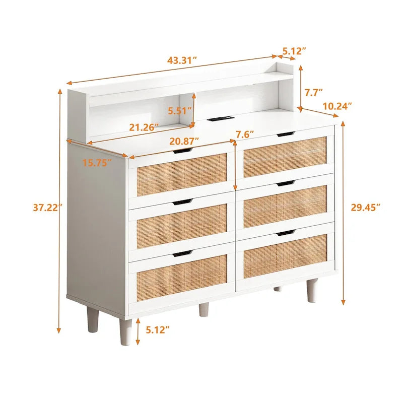 Accent Storage Cabinet 6-Drawers Rattan Drawer with LED Lights and Power Outlet