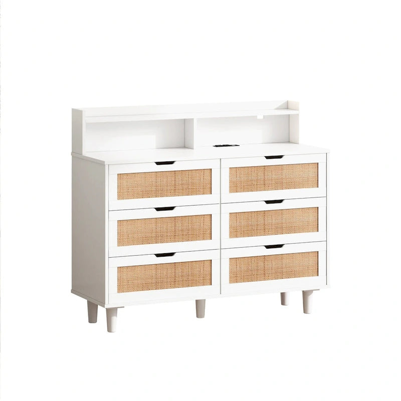 Accent Storage Cabinet 6-Drawers Rattan Drawer with LED Lights and Power Outlet