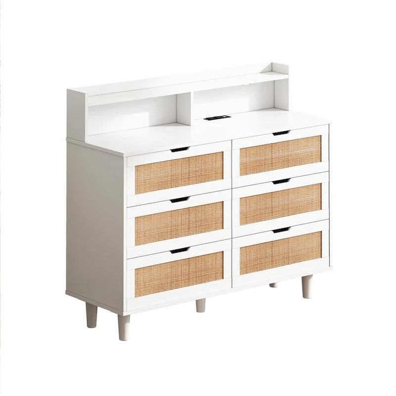 Accent Storage Cabinet 6-Drawers Rattan Drawer with LED Lights and Power Outlet