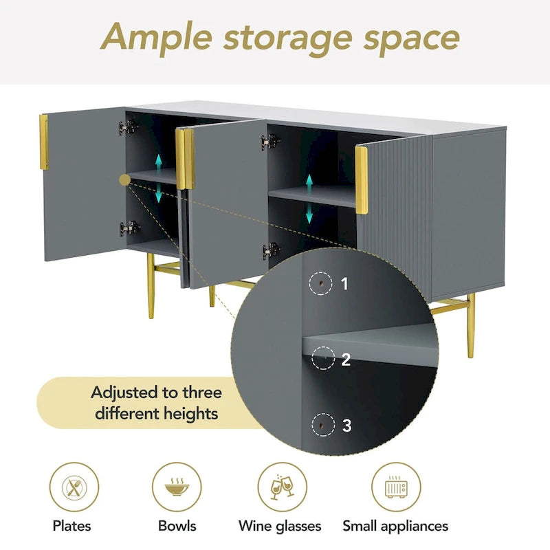 Modern Elegant 4-door Sideboard Gold Metal Handle Buffet Cabinet for Dining Room, Living Room, Bedroom, Hallway