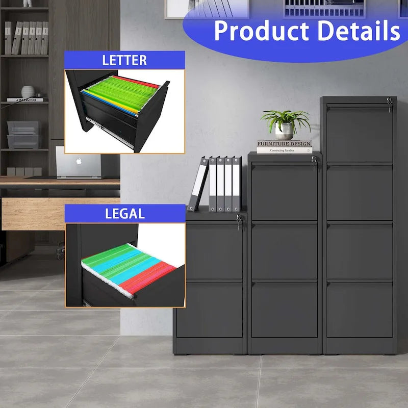 2-Drawers 14.96 W Metal Vertical File Cabinet with Lock Office Home Vertical File Cabinet for A4 Legal/Letter Size