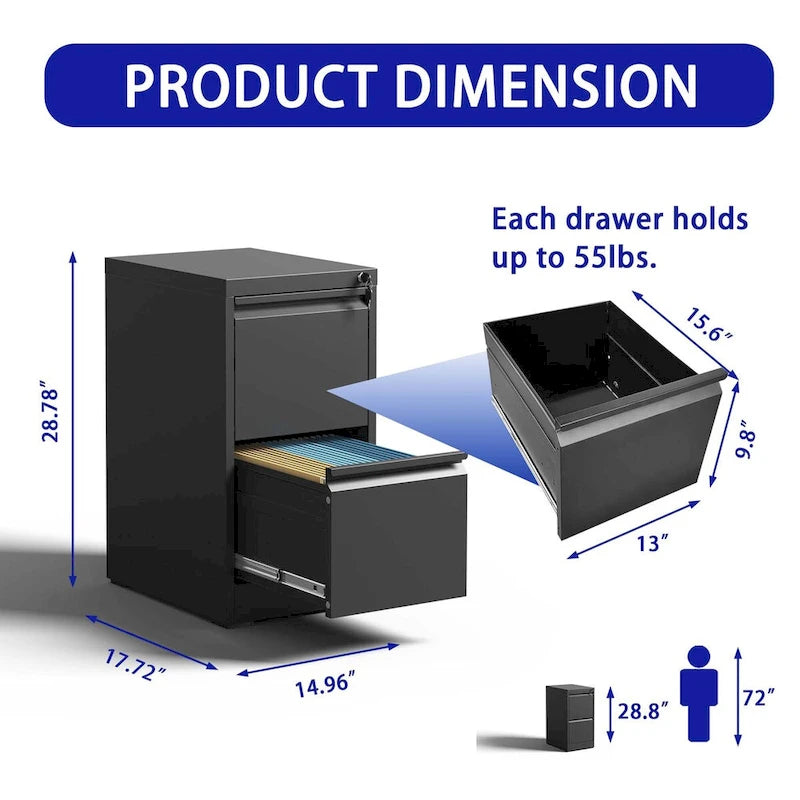 2-Drawers 14.96 W Metal Vertical File Cabinet with Lock Office Home Vertical File Cabinet for A4 Legal/Letter Size