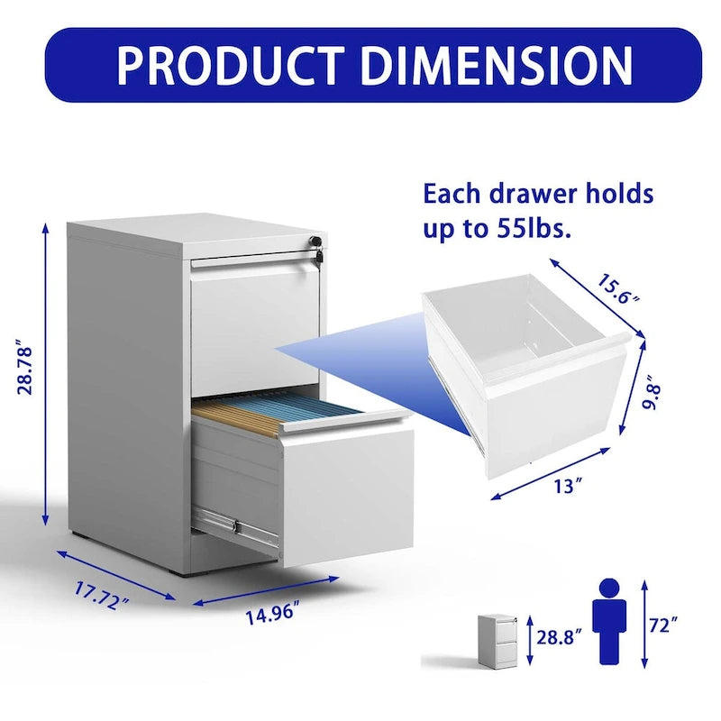 2-Drawers 14.96 W Metal Vertical File Cabinet with Lock Office Home Vertical File Cabinet for A4 Legal/Letter Size
