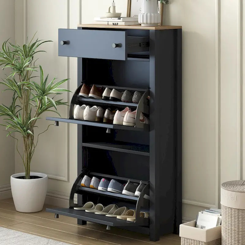 Entryway Organizer with 2 Flip Drawers, Wood Grain Pattern Top Shoe Cabinet with Drawer, Shoe Rack with Adjustable Panel