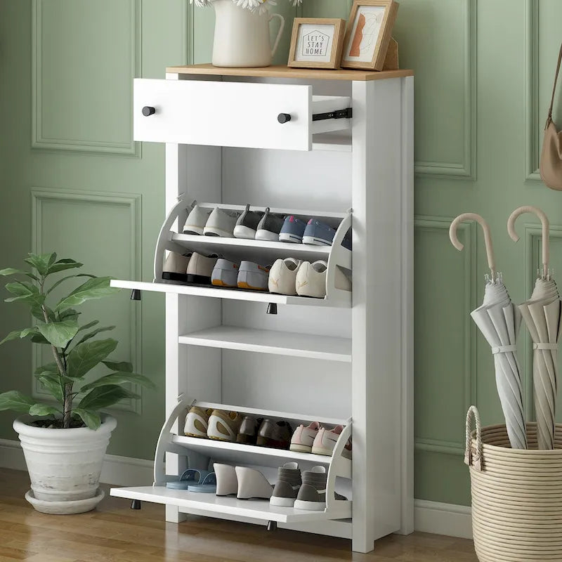 Entryway Organizer with 2 Flip Drawers, Wood Grain Pattern Top Shoe Cabinet with Drawer, Shoe Rack with Adjustable Panel
