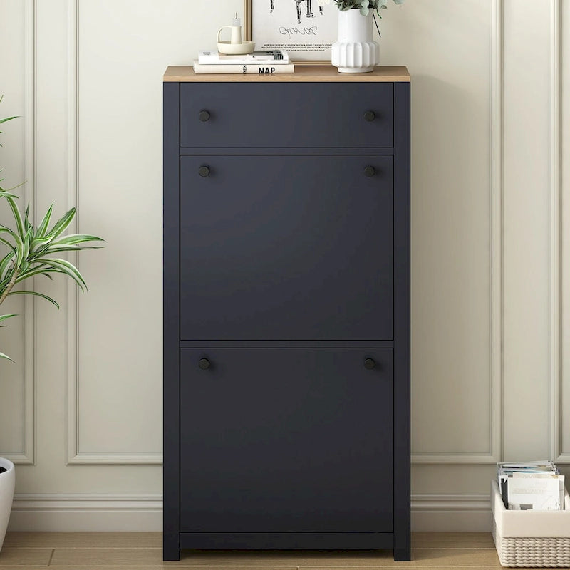 Entryway Organizer with 2 Flip Drawers, Wood Grain Pattern Top Shoe Cabinet with Drawer, Shoe Rack with Adjustable Panel