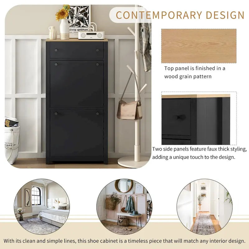 Entryway Organizer with 2 Flip Drawers, Wood Grain Pattern Top Shoe Cabinet with Drawer, Shoe Rack with Adjustable Panel