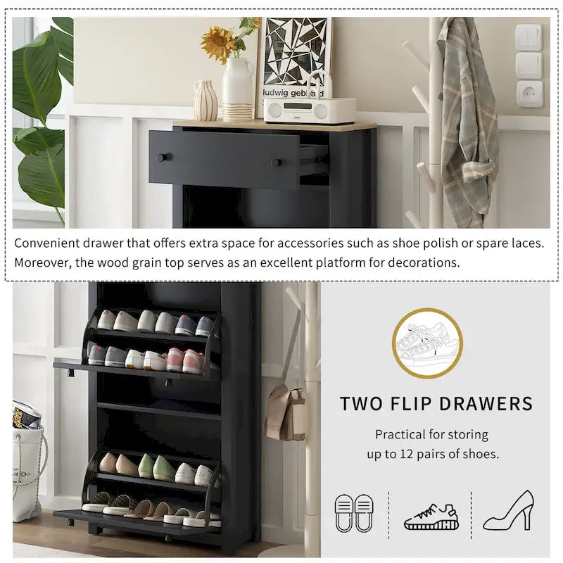 Entryway Organizer with 2 Flip Drawers, Wood Grain Pattern Top Shoe Cabinet with Drawer, Shoe Rack with Adjustable Panel