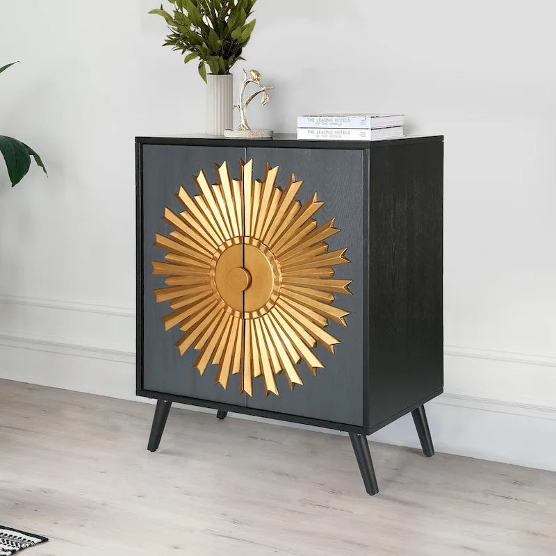 Solid Wood 2-door Sunburst Accent Cabinet Farmhouse Storage Sideboard Cupboard Buffet - W 16.5 x L 31.5 x H 38.5