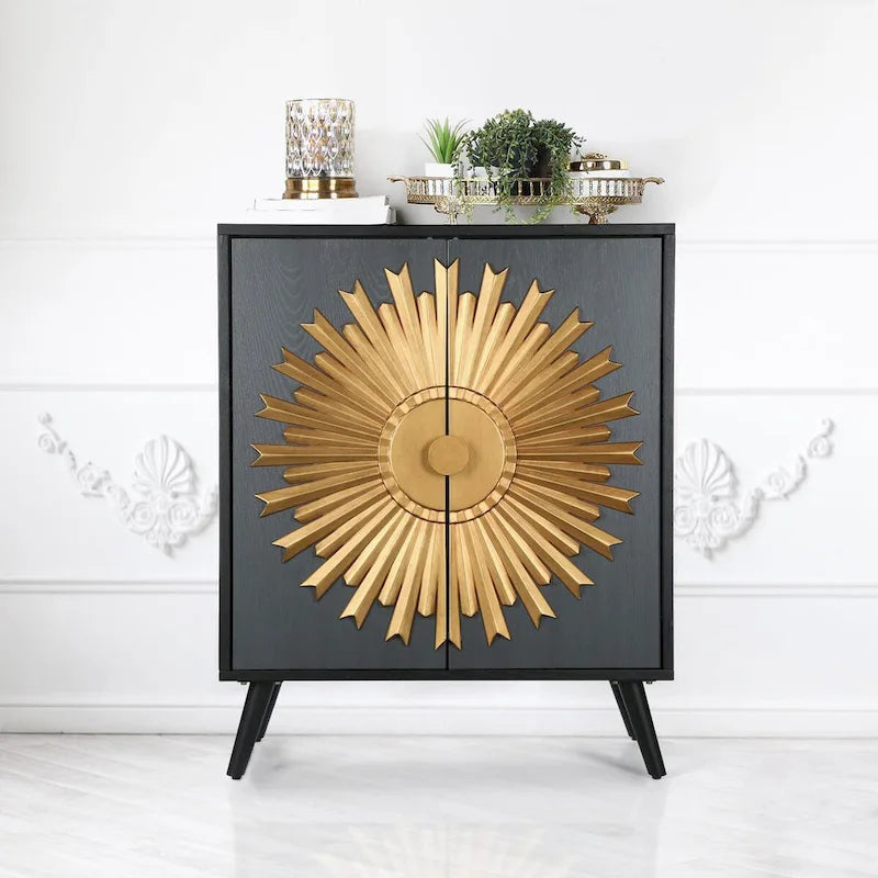 Solid Wood 2-door Sunburst Accent Cabinet Farmhouse Storage Sideboard Cupboard Buffet - W 16.5 x L 31.5 x H 38.5