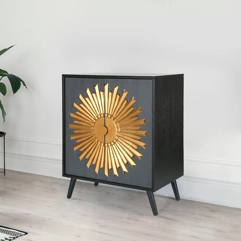 Solid Wood 2-door Sunburst Accent Cabinet Farmhouse Storage Sideboard Cupboard Buffet - W 16.5 x L 31.5 x H 38.5