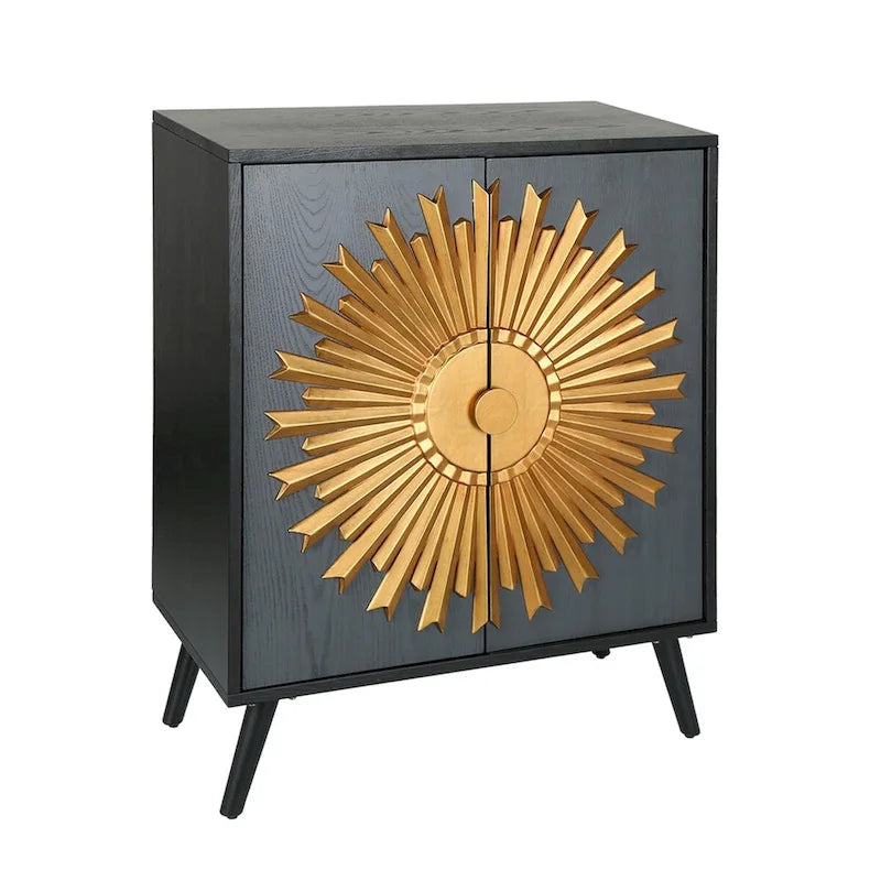 Solid Wood 2-door Sunburst Accent Cabinet Farmhouse Storage Sideboard Cupboard Buffet - W 16.5 x L 31.5 x H 38.5