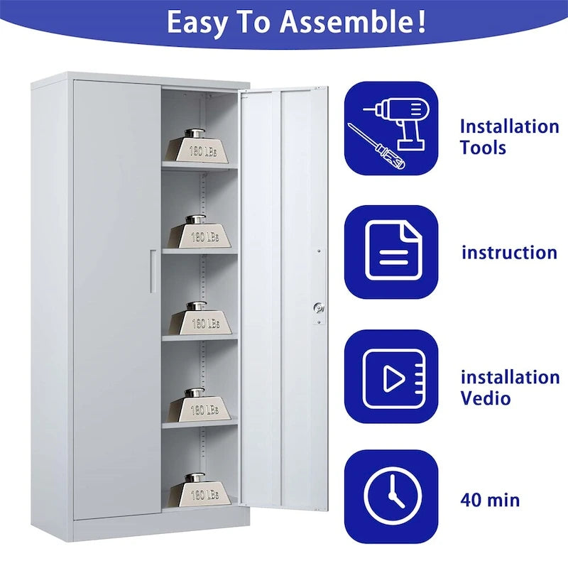 71H Metal Lockable Storage Cabinet with Doors and 4 Shelves