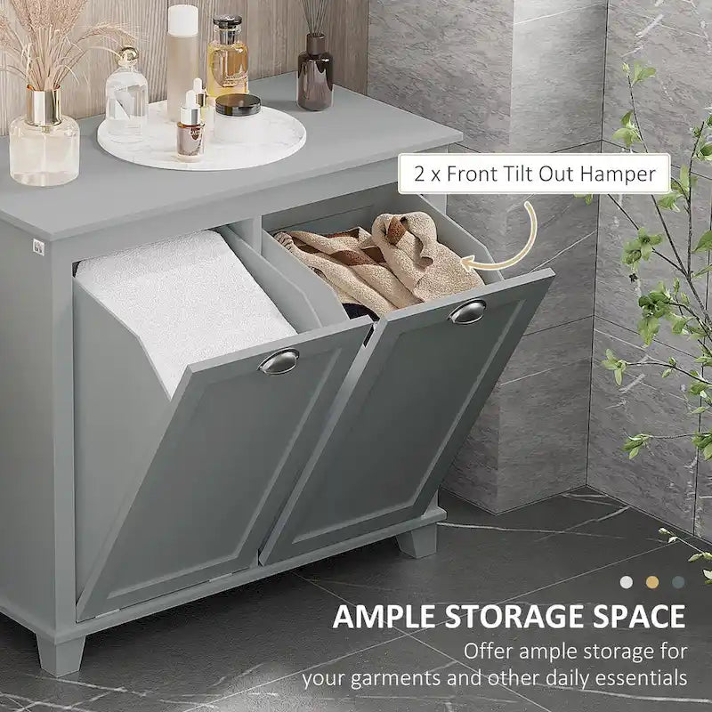 Tilt-Out Laundry Sorter Cabinet,Bathroom Storage Organizer with Two-Compartment Tilt-Out Hamper