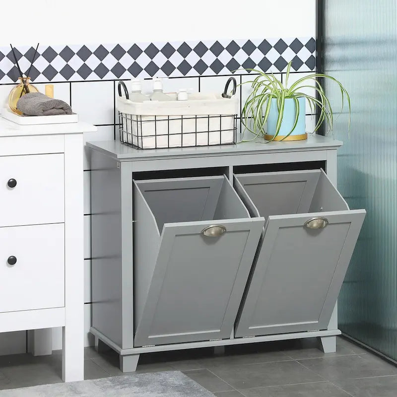 Tilt-Out Laundry Sorter Cabinet,Bathroom Storage Organizer with Two-Compartment Tilt-Out Hamper
