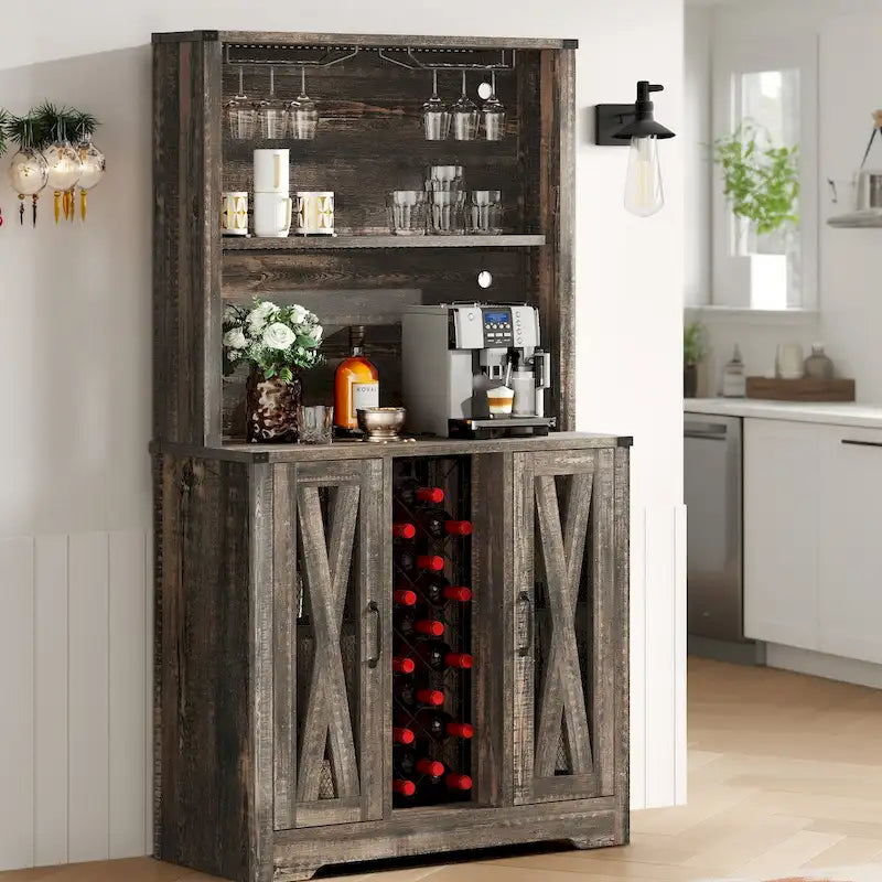 Farmhouse Bar Cabinet with Wine Rack and LED Lights