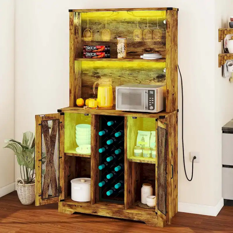 Farmhouse Bar Cabinet with Wine Rack and LED Lights