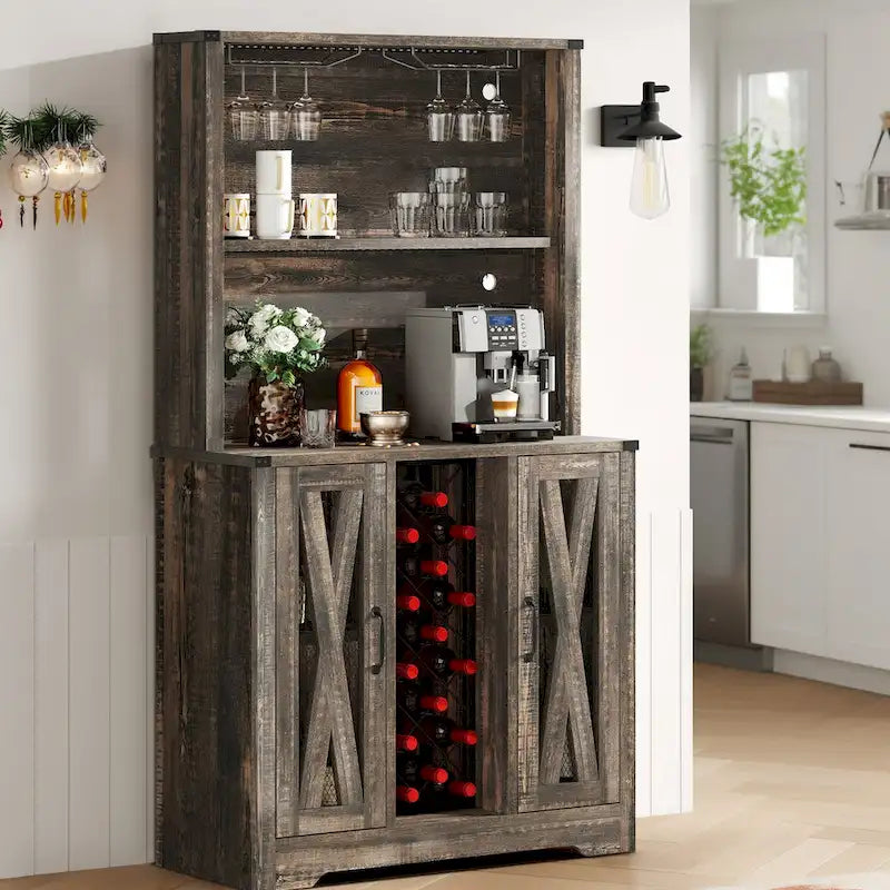 Moasis Farmhouse Bar Cabinet w/ Wine Rack & LED Lights, Sideboard Buffet Storage Cabinet for Dinning Room