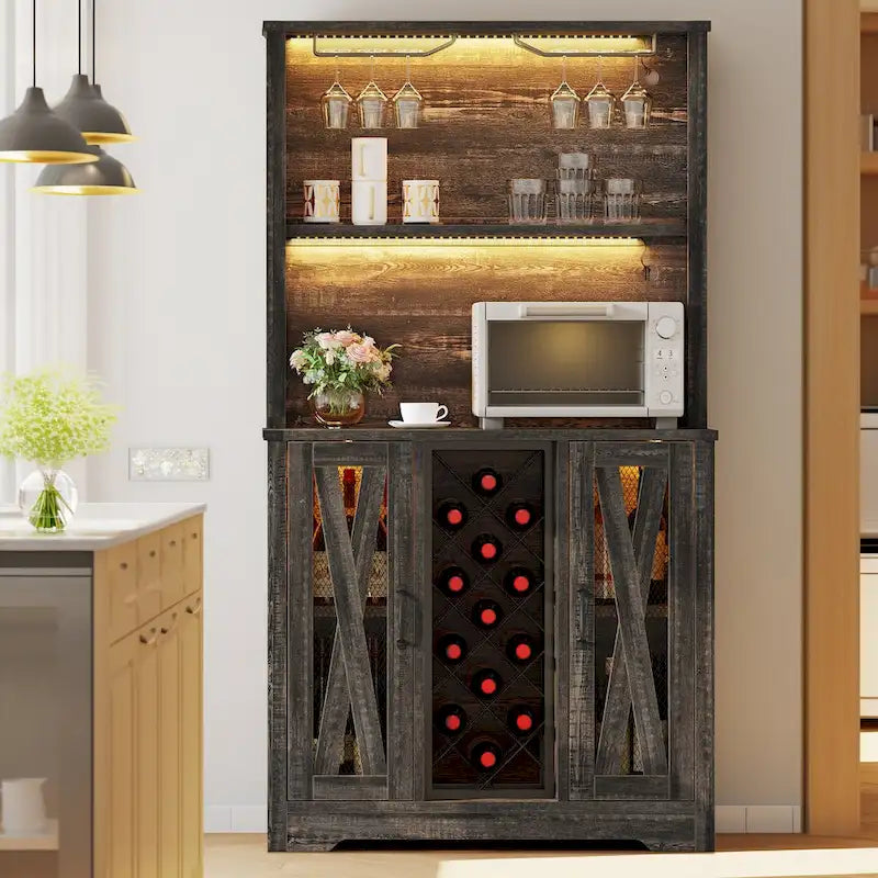 Farmhouse Bar Cabinet with Wine Rack and LED Lights