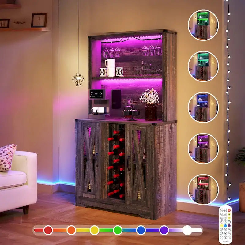 Farmhouse Bar Cabinet with Wine Rack and LED Lights