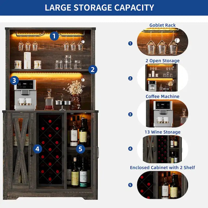 Farmhouse Bar Cabinet with Wine Rack and LED Lights