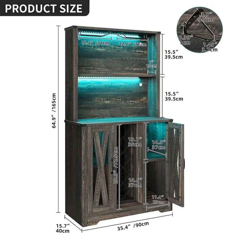 Farmhouse Bar Cabinet with Wine Rack and LED Lights