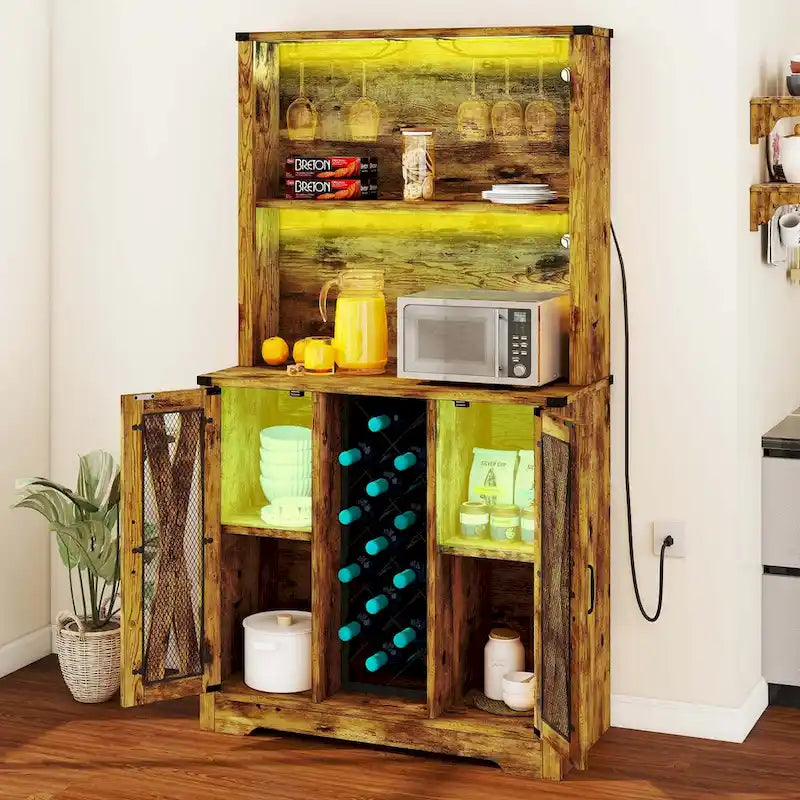 Farmhouse Bar Cabinet with Wine Rack and LED Lights