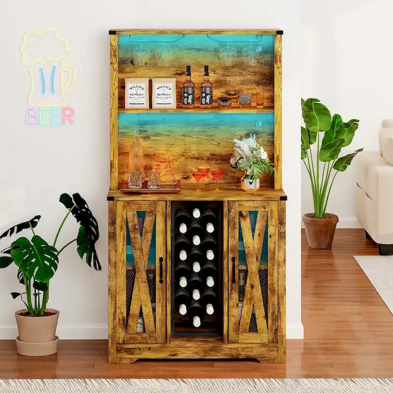 Farmhouse Bar Cabinet with Wine Rack and LED Lights