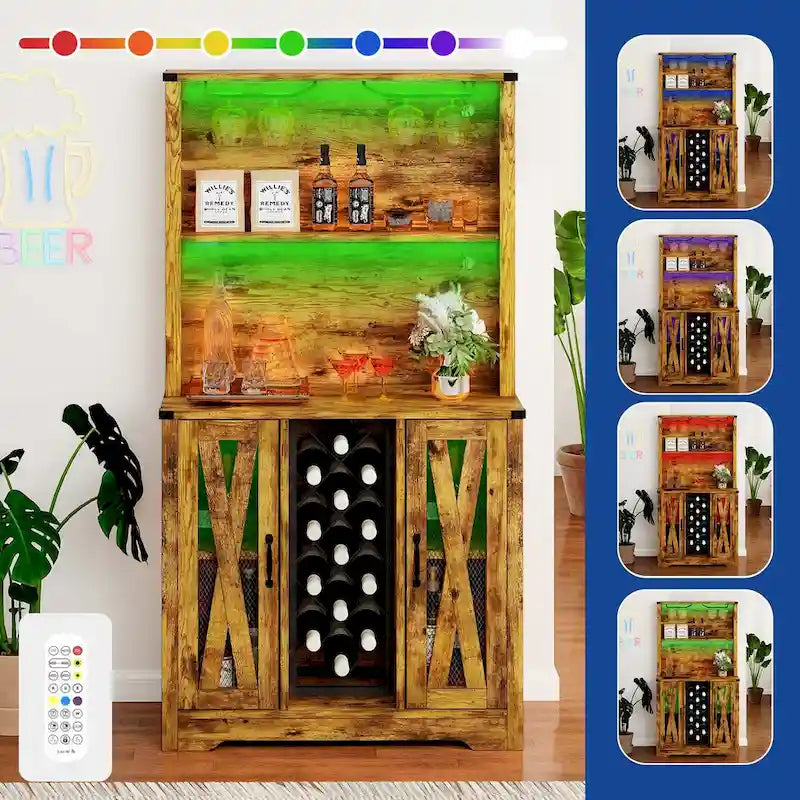 Farmhouse Bar Cabinet with Wine Rack and LED Lights