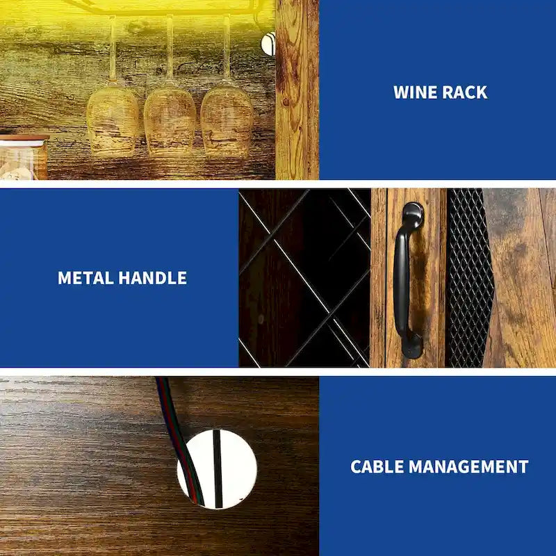 Farmhouse Bar Cabinet with Wine Rack and LED Lights