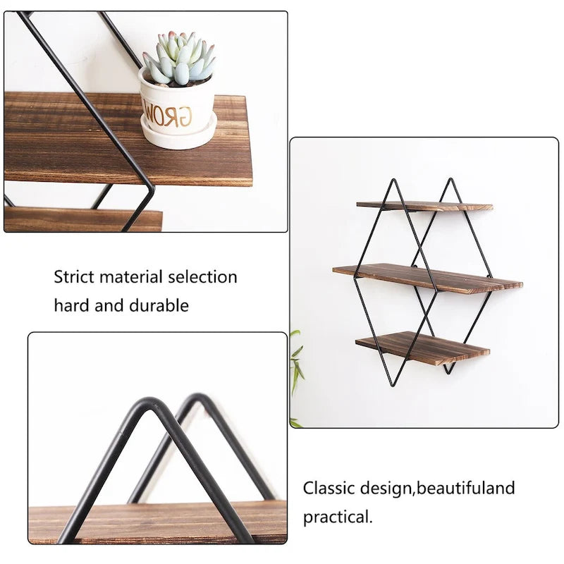 3Tier Metal Wall Shelves in Geometric Diamond for Home Display Storage