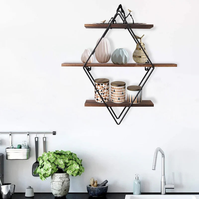 3Tier Metal Wall Shelves in Geometric Diamond for Home Display Storage