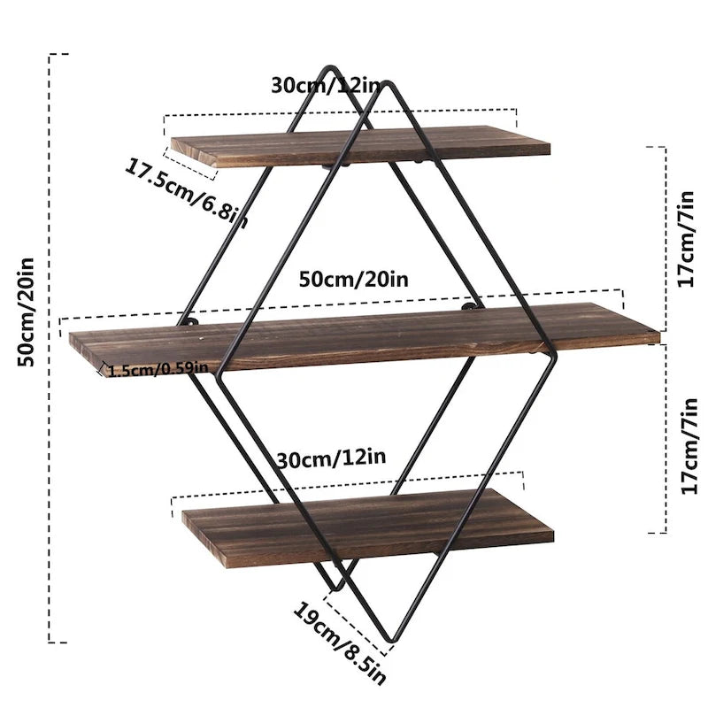 3Tier Metal Wall Shelves in Geometric Diamond for Home Display Storage