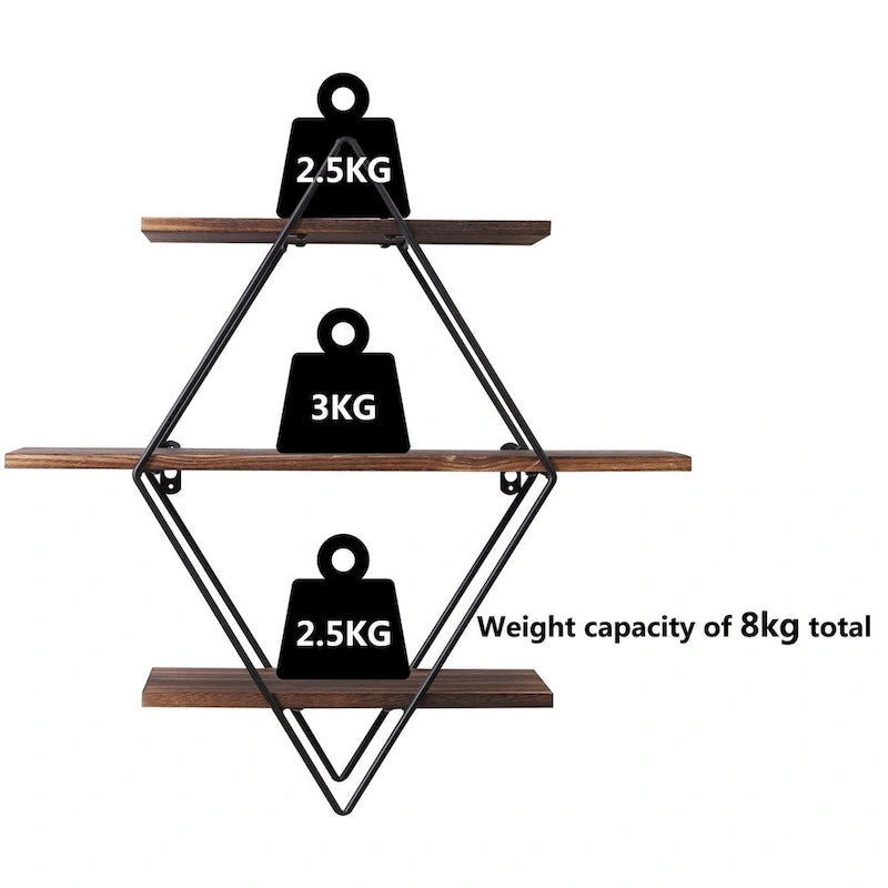 3Tier Metal Wall Shelves in Geometric Diamond for Home Display Storage