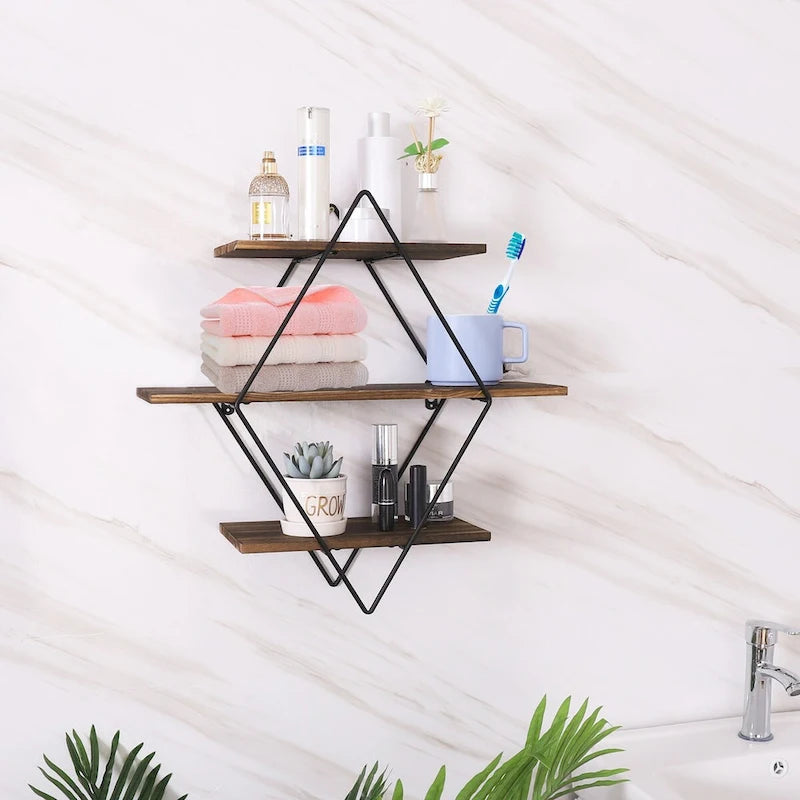 3Tier Metal Wall Shelves in Geometric Diamond for Home Display Storage