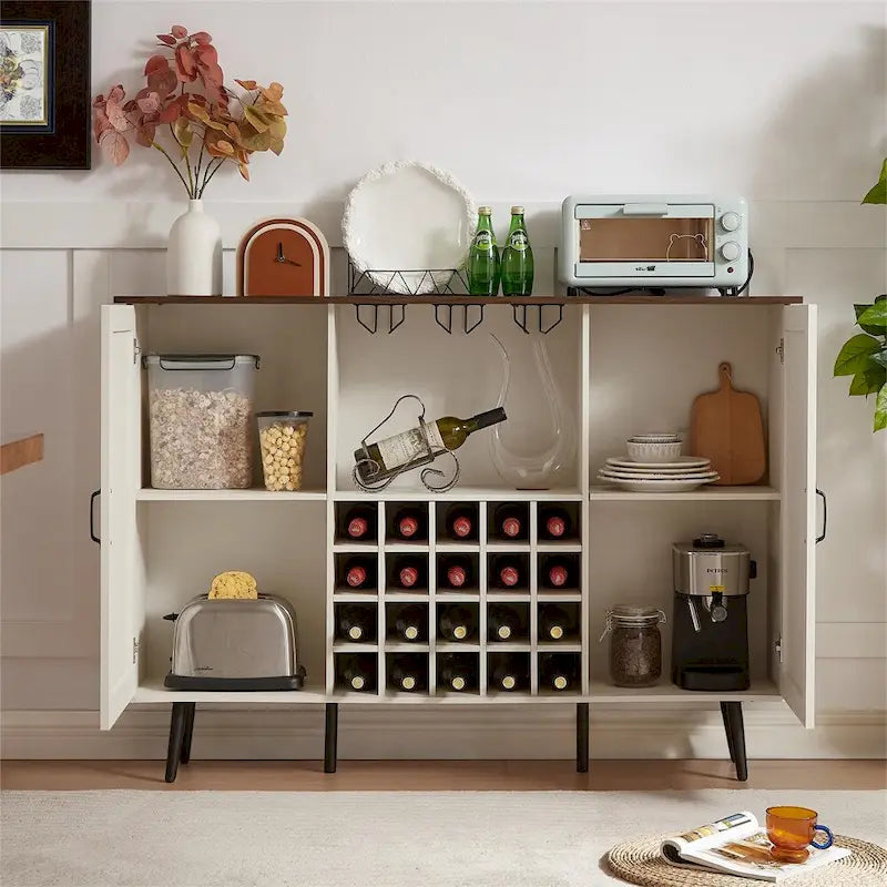 Faux Rattan Barn Door Wine Cabinet with Wine Rack and Wine Glass Rack