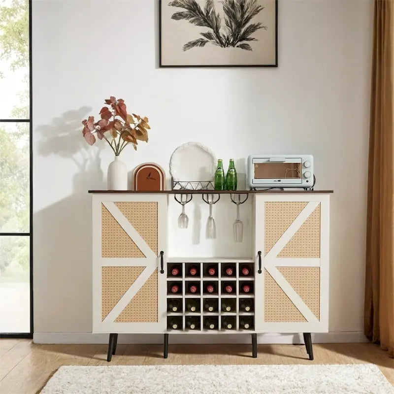Faux Rattan Barn Door Wine Cabinet with Wine Rack and Wine Glass Rack