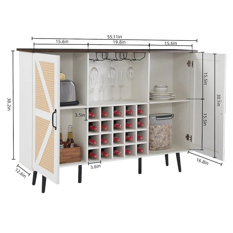 Faux Rattan Barn Door Wine Cabinet with Wine Rack and Wine Glass Rack