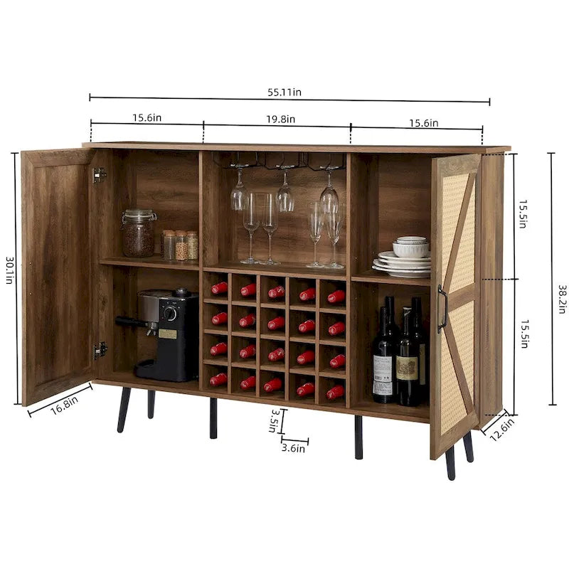 Faux Rattan Barn Door Wine Cabinet with Wine Rack and Wine Glass Rack