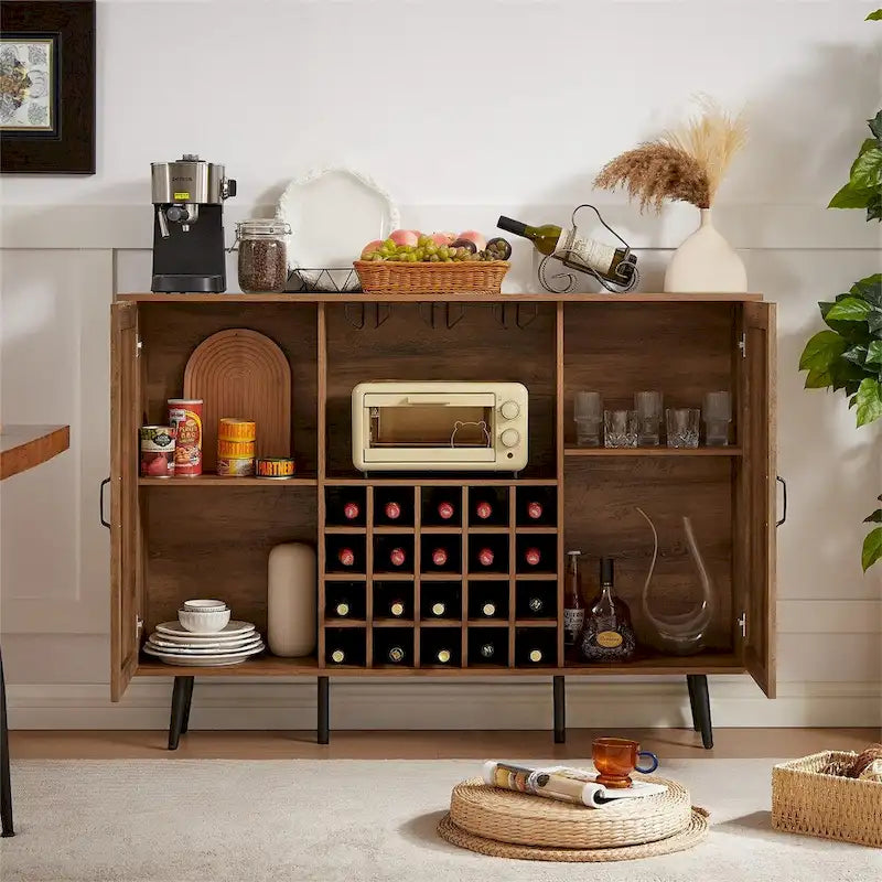 Faux Rattan Barn Door Wine Cabinet with Wine Rack and Wine Glass Rack