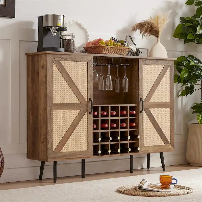 Faux Rattan Barn Door Wine Cabinet with Wine Rack and Wine Glass Rack