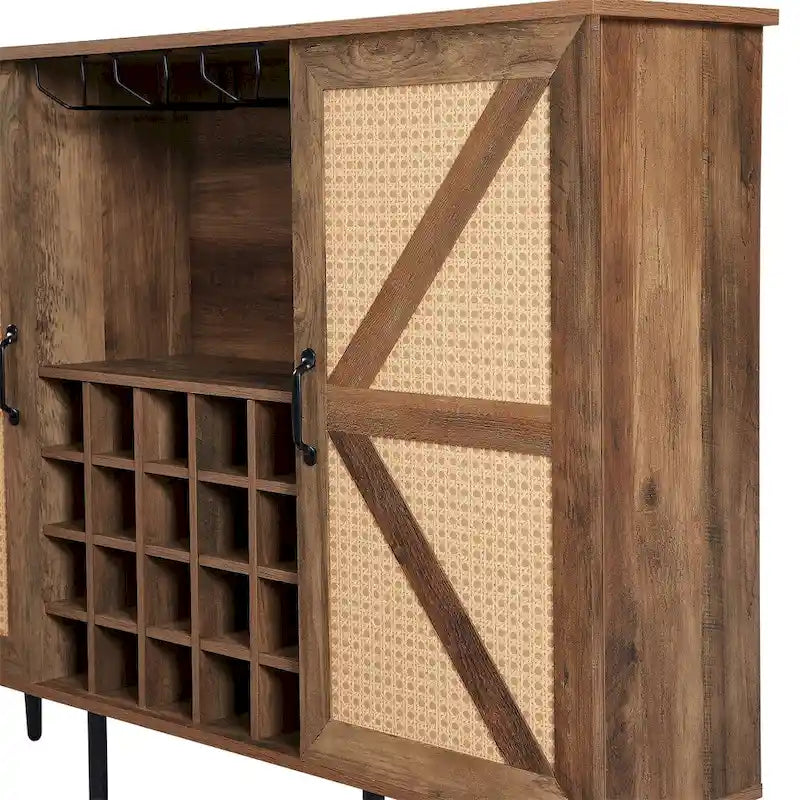 Faux Rattan Barn Door Wine Cabinet with Wine Rack and Wine Glass Rack